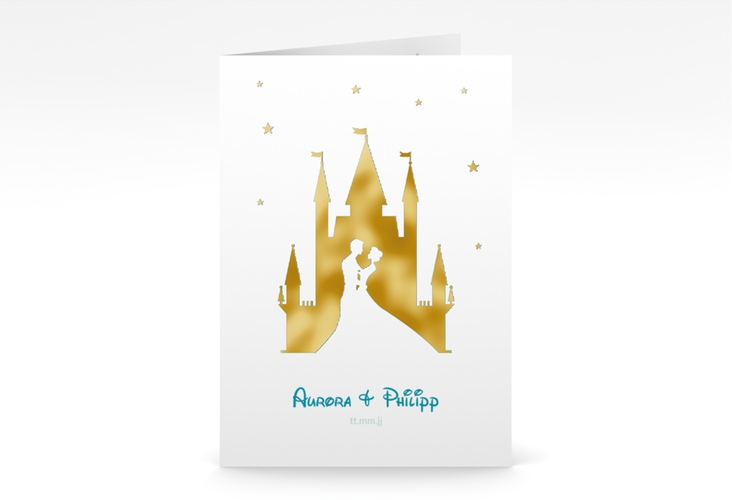 Einladungskarte Hochzeit Castle A6 Klappkarte hoch tuerkis gold