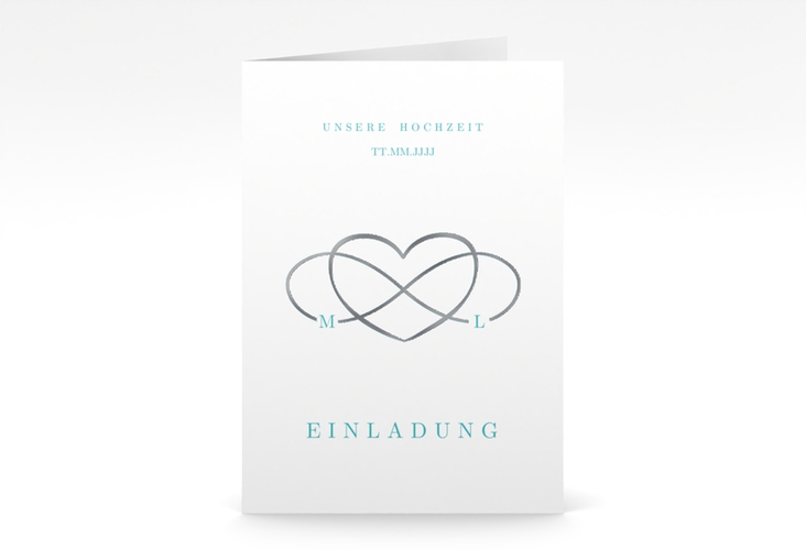 Einladungskarte Hochzeit Infinity A6 Klappkarte hoch tuerkis silber