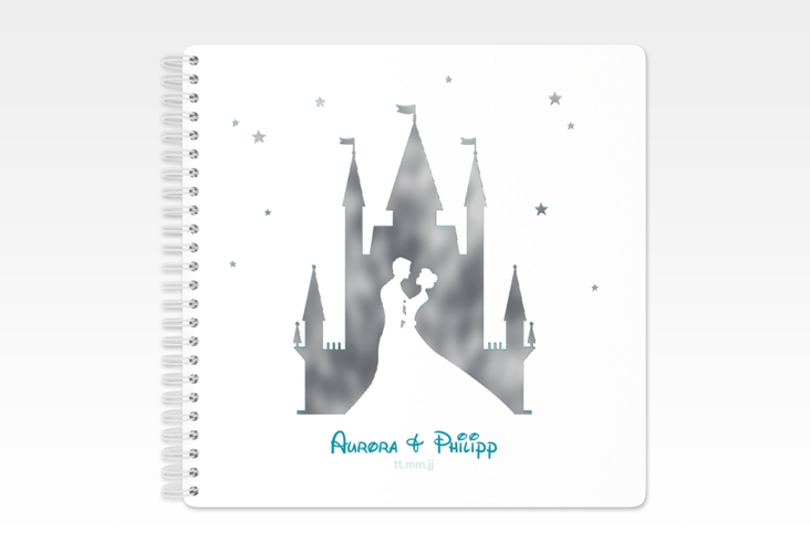 Gästebuch Hochzeit Castle Ringbindung tuerkis silber mit Silhouette von Märchenschloss mit Prinz und Prinzessin