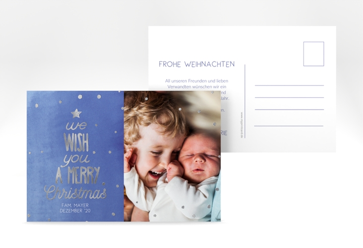 Weihnachtskarte Schneeglitzern A6 Postkarte blau silber mit Aquarellfarbe und Kinderfoto