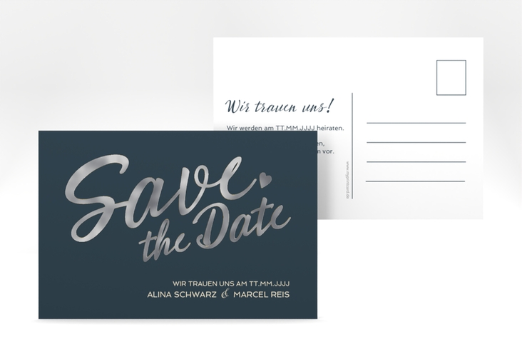 Save the Date-Postkarte Glam A6 Postkarte blau silber