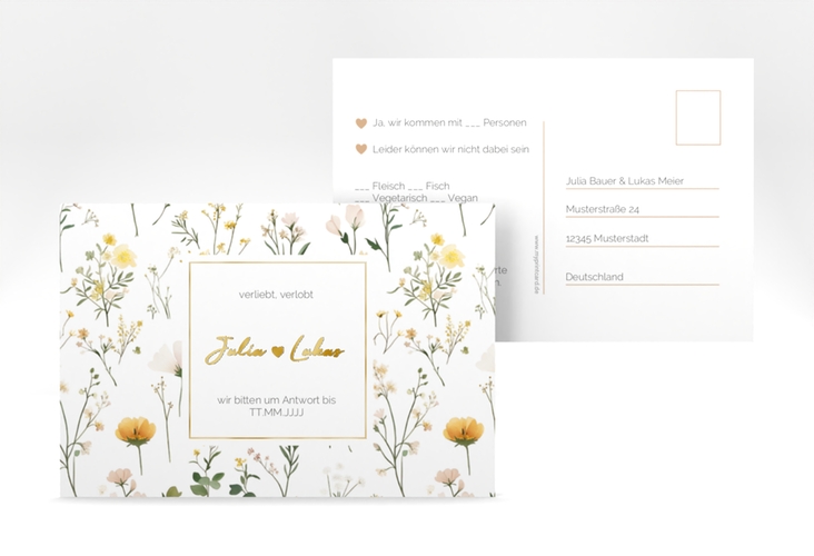 Antwortkarte Hochzeit Blumenwiese A6 Postkarte bunt gold