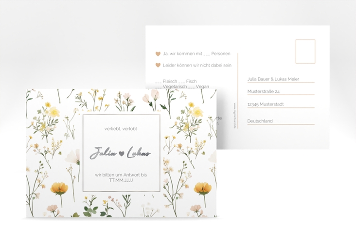 Antwortkarte Hochzeit Blumenwiese A6 Postkarte bunt silber