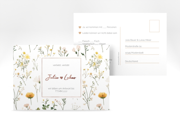 Antwortkarte Hochzeit Blumenwiese A6 Postkarte bunt rosegold
