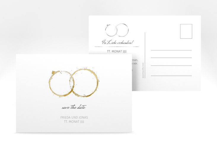 Save the Date-Postkarte Trauringe A6 Postkarte grau gold minimalistisch gestaltet mit zwei Eheringen