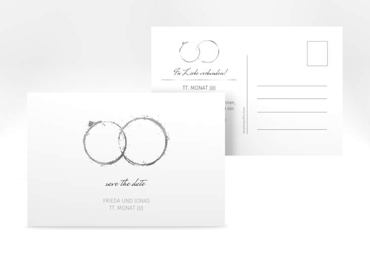 Save the Date-Postkarte Trauringe A6 Postkarte grau silber minimalistisch gestaltet mit zwei Eheringen