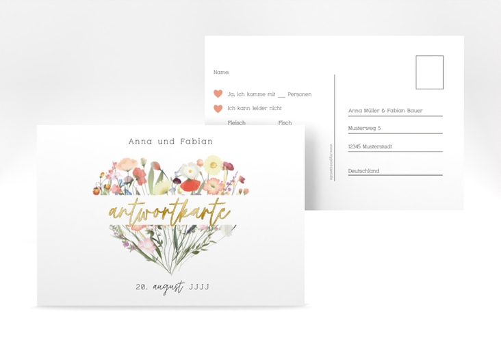 Antwortkarte Hochzeit Wildblumenherz A6 Postkarte bunt gold