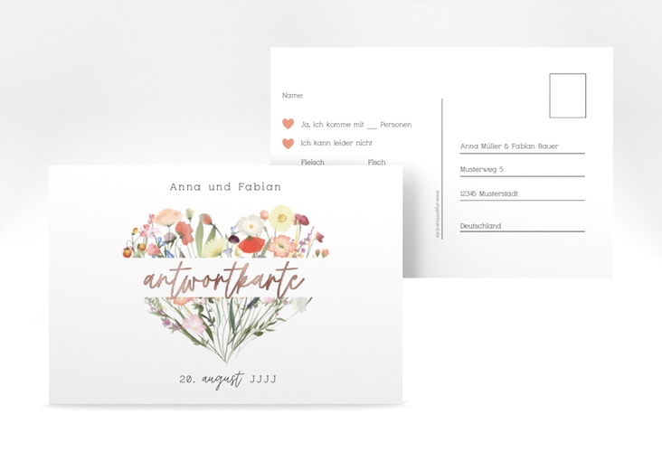 Antwortkarte Hochzeit Wildblumenherz A6 Postkarte bunt rosegold