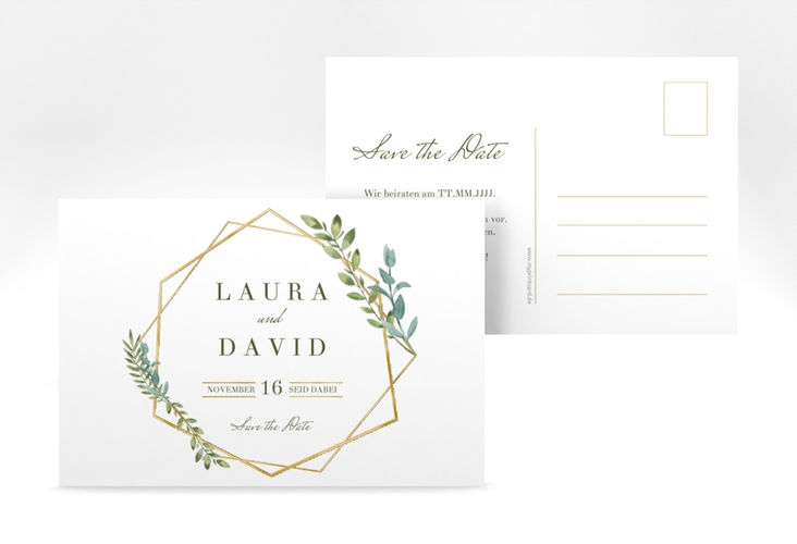 Save the Date-Postkarte Herbarium A6 Postkarte gold gold mit geometrischem Rahmen und Blätter-Dekor