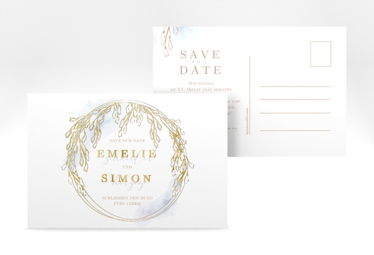Save the Date-Postkarte Wisteria A6 Postkarte blau gold mit Blumenbogen aus Blauregen