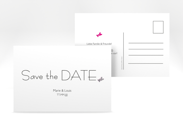 Save the Date-Postkarte Twohearts A6 Postkarte pink silber