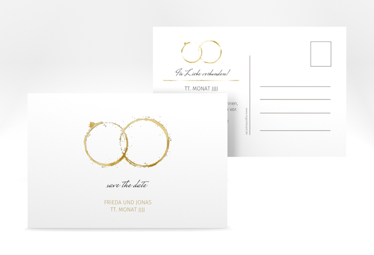 Save the Date-Postkarte Trauringe A6 Postkarte gold gold minimalistisch gestaltet mit zwei Eheringen