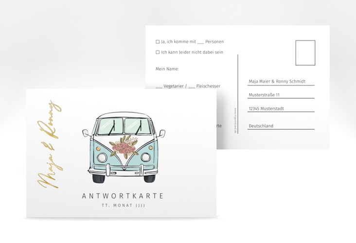 Antwortkarte Hochzeit Hochzeitsbulli A6 Postkarte blau gold