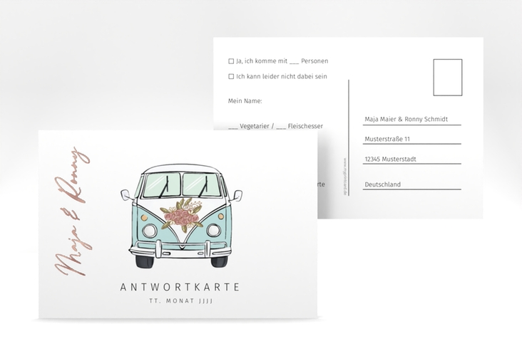 Antwortkarte Hochzeit Hochzeitsbulli A6 Postkarte blau rosegold