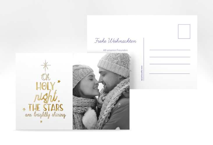Weihnachtskarte Winterhimmel A6 Postkarte blau gold mit Liedtext und Foto