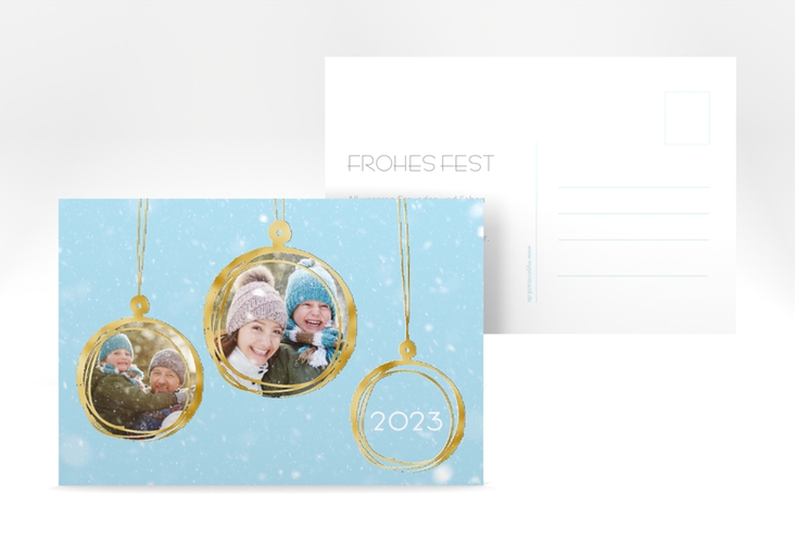 Weihnachtskarte Weihnachtskugel A6 Postkarte blau gold