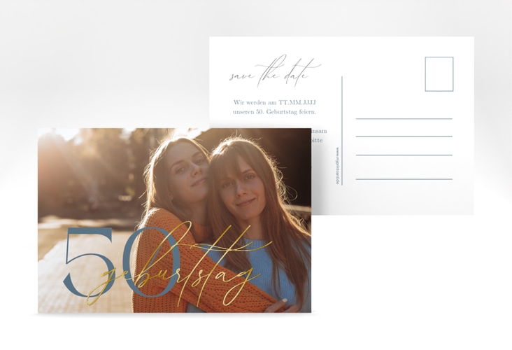 Save the Date-Postkarte Geburtstag Ehrentag A6 Postkarte blau gold veredelt