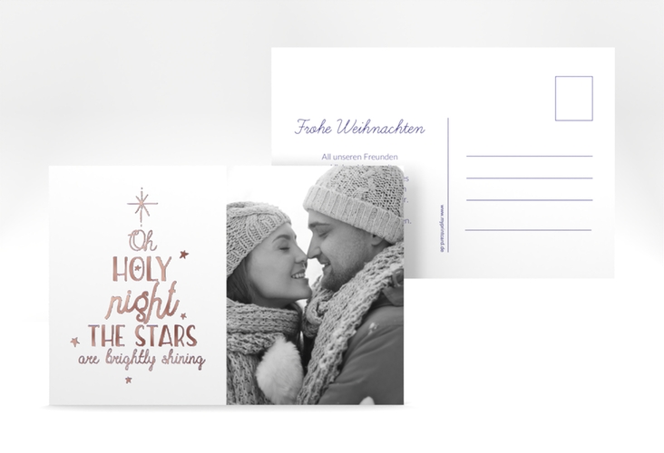 Weihnachtskarte Winterhimmel A6 Postkarte blau rosegold mit Liedtext und Foto
