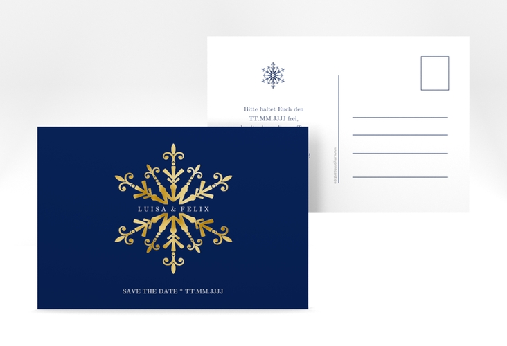 Save the Date-Postkarte Crystal A6 Postkarte blau gold mit Eiskristall