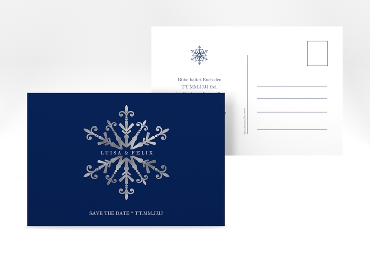 Save the Date-Postkarte Crystal A6 Postkarte blau silber mit Eiskristall