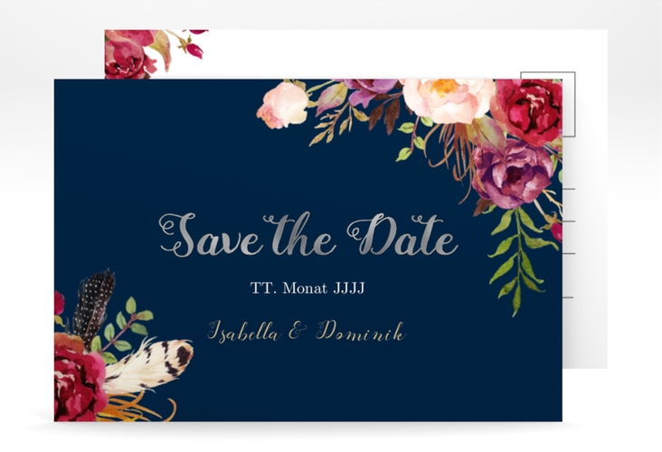 Save the Date-Postkarte Flowers A6 Postkarte blau silber mit bunten Aquarell-Blumen