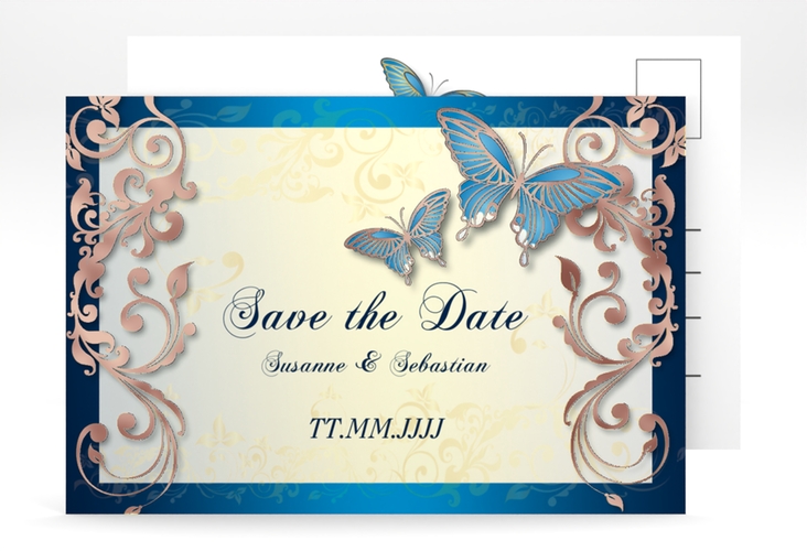 Save the Date-Postkarte Toulouse A6 Postkarte blau rosegold mit Schmetterlingen und Schnörkeln