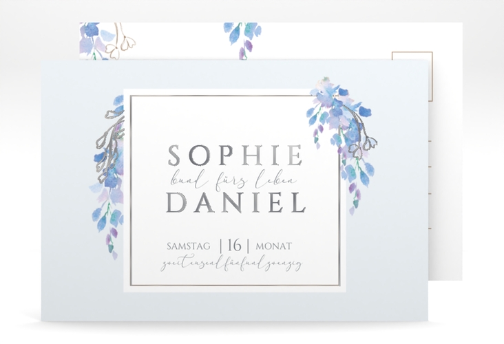 Save the Date-Postkarte Blauregen A6 Postkarte blau silber mit Wisteria-Blüten