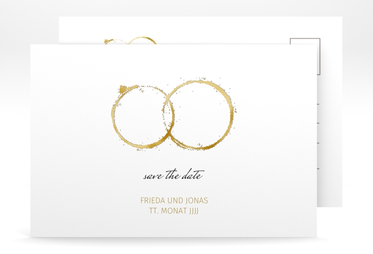 Save the Date-Postkarte Trauringe A6 Postkarte gold gold minimalistisch gestaltet mit zwei Eheringen