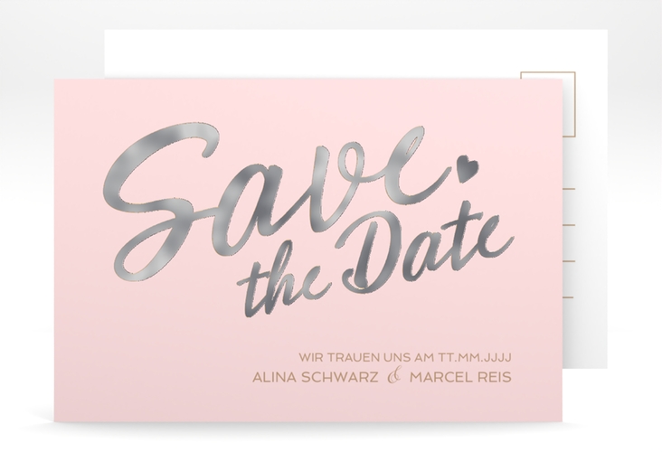 Save the Date-Postkarte Glam A6 Postkarte rosa silber