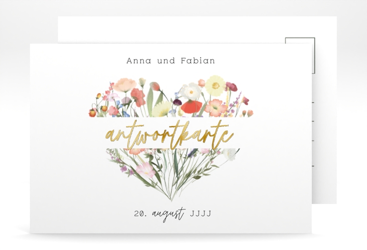 Antwortkarte Hochzeit Wildblumenherz A6 Postkarte bunt gold