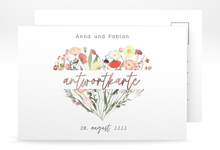 Antwortkarte Hochzeit Wildblumenherz A6 Postkarte bunt rosegold