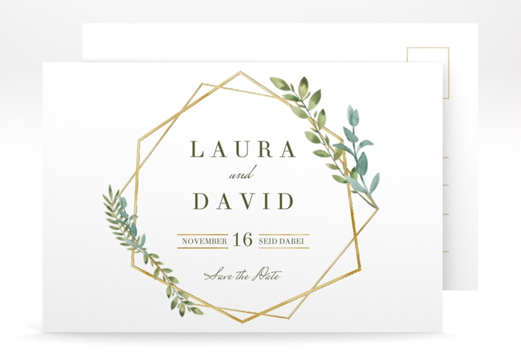 Save the Date-Postkarte Herbarium A6 Postkarte gold gold mit geometrischem Rahmen und Blätter-Dekor