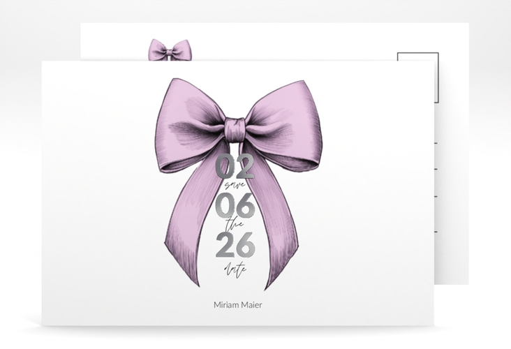 Save the Date-Postkarte Geburtstag Geburtstagsschleife A6 Postkarte rosa silber veredelt