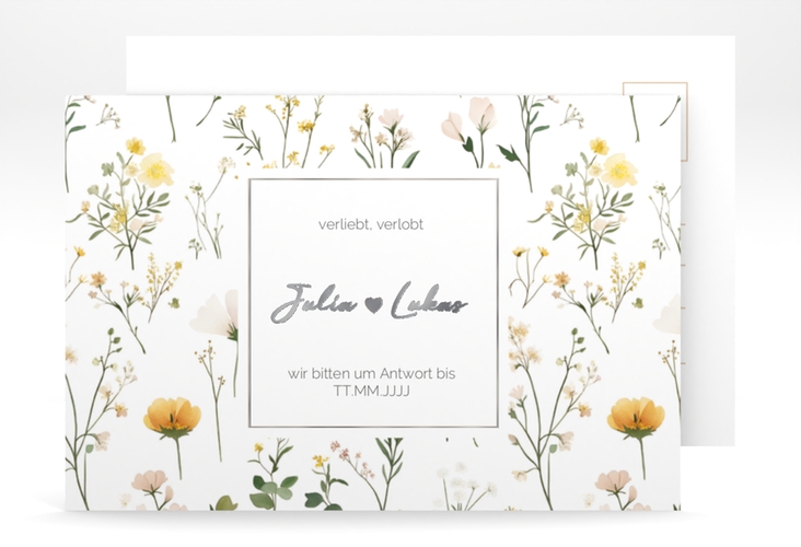 Antwortkarte Hochzeit Blumenwiese A6 Postkarte bunt silber