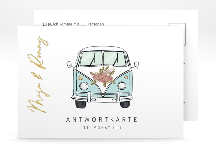 Antwortkarte Hochzeit Hochzeitsbulli A6 Postkarte blau gold