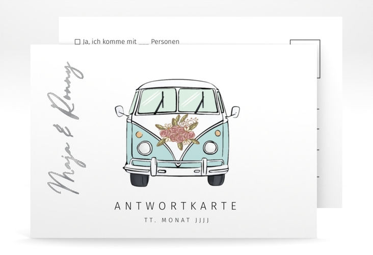 Antwortkarte Hochzeit Hochzeitsbulli A6 Postkarte blau silber