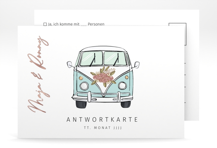 Antwortkarte Hochzeit Hochzeitsbulli A6 Postkarte blau rosegold