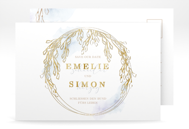 Save the Date-Postkarte Wisteria A6 Postkarte blau gold mit Blumenbogen aus Blauregen