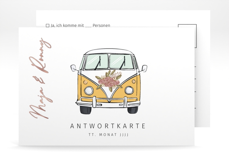 Antwortkarte Hochzeit Hochzeitsbulli A6 Postkarte gelb rosegold