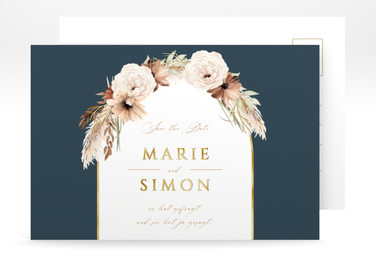 Save the Date-Postkarte Blumenbogen A6 Postkarte blau gold