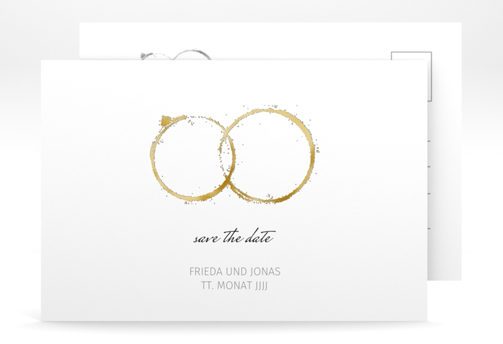 Save the Date-Postkarte Trauringe A6 Postkarte grau gold minimalistisch gestaltet mit zwei Eheringen