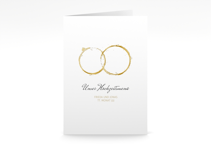 Menükarte Hochzeit Trauringe A5 Klappkarte hoch gold gold minimalistisch gestaltet mit zwei Eheringen
