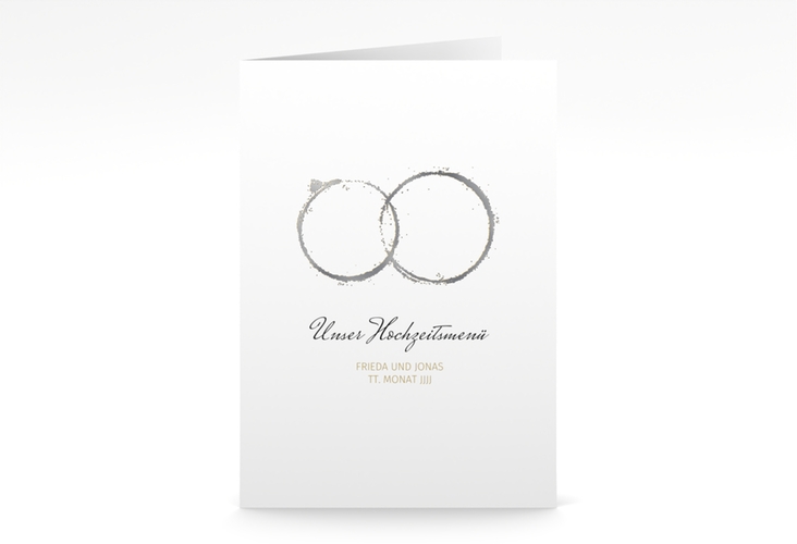 Menükarte Hochzeit Trauringe A5 Klappkarte hoch gold silber minimalistisch gestaltet mit zwei Eheringen