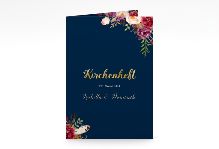 Kirchenheft Hochzeit Flowers A5 Klappkarte hoch blau gold mit bunten Aquarell-Blumen