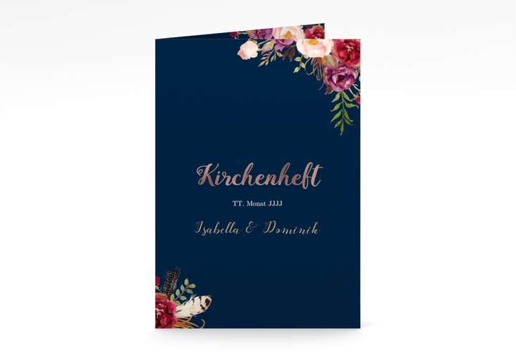 Kirchenheft Hochzeit Flowers A5 Klappkarte hoch blau rosegold mit bunten Aquarell-Blumen