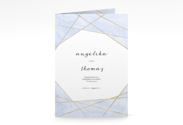 Menükarte Hochzeit Asymmetry A5 Klappkarte hoch blau gold