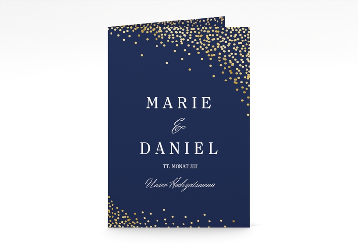 Menükarte Hochzeit Glitter A5 Klappkarte hoch blau gold
