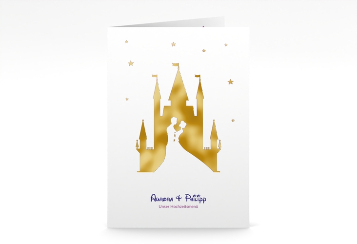 Menükarte Hochzeit Castle A5 Klappkarte hoch lila gold