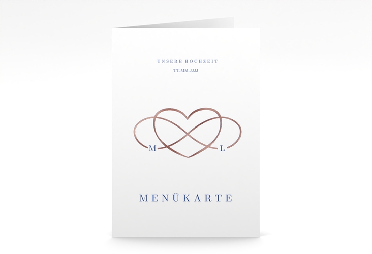 Menükarte Hochzeit Infinity A5 Klappkarte hoch blau rosegold