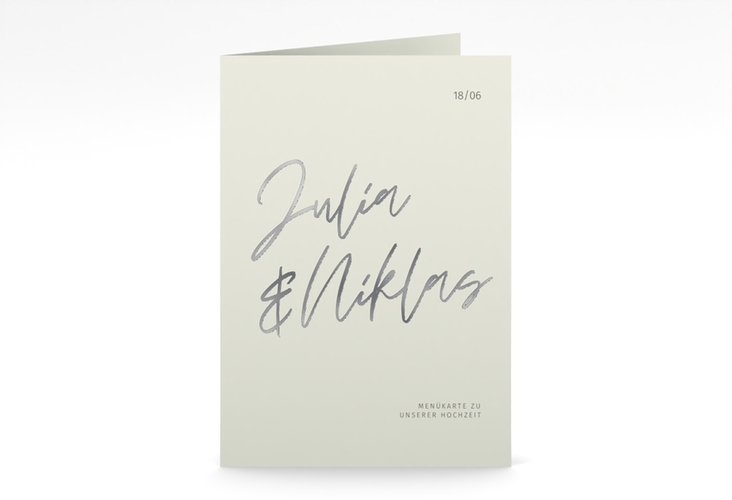 Menükarte Hochzeit Einfachheit A5 Klappkarte hoch mint silber mit modernem Schriftzug